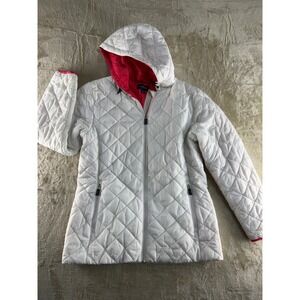 Lands End Womens White Quilted PrimaLoft Hooded Puffer Jacket Pink Lining Size M